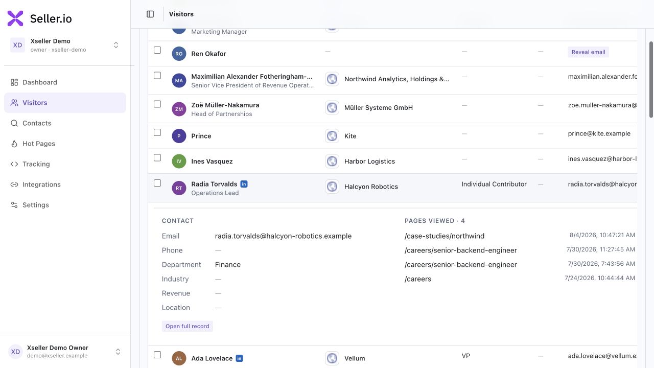 Xseller interface with synthetic demo data