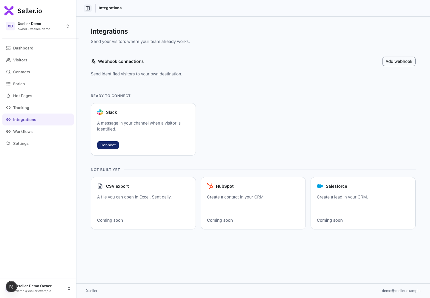 Xseller Integrations screen showing Slack connection and upcoming providers